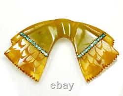 Vtg 30's Carved Bakelite Laminate Brooch Pin Apple Juice Green Jeweled Bow