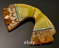 Vtg 30's Carved Bakelite Laminate Brooch Pin Apple Juice Green Jeweled Bow