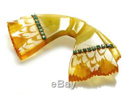 Vtg 30's Carved Laminate Apple Juice Green Jeweled Bow Brooch Pin