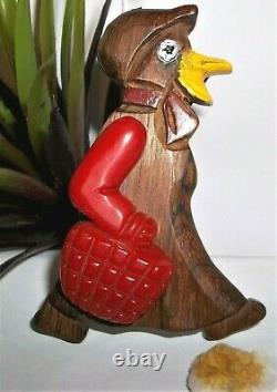 Vtg 30s Bakelite Wood Articulated Chicken Duck Basket Cherry Red Brooch Pin