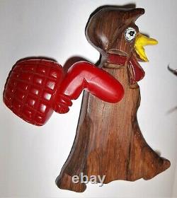 Vtg 30s Bakelite Wood Articulated Chicken Duck Basket Cherry Red Brooch Pin