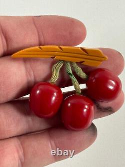 Vtg 50s 60s Bakelite Cherry Cherries pin pinback brooch WOW