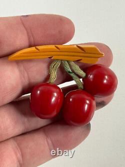 Vtg 50s 60s Bakelite Cherry Cherries pin pinback brooch WOW