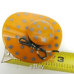 Vtg / Antique Butterscotch Bakelite Figural Wide Brim Amber Hat Pin Brooch 3
