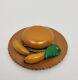 Vtg Art Deco Marbled Butterscotch Bakelite Hat with Bananas Figural Brooch Pin