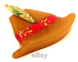 Vtg BUTTERSCOTCH BAKELITE Painted Red Band Feather ALPINE HAT Brooch PinTESTED