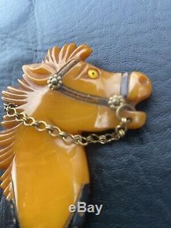 Vtg Bakelite Butterscotch Carved Horse Head Brooch PIN 3- Book Piece