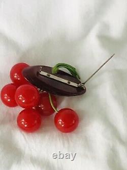 Vtg Bakelite Catalin Dangling Cherry Overdyed Log Brooch Pin Tested Book Piece