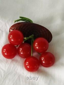 Vtg Bakelite Catalin Dangling Cherry Overdyed Log Brooch Pin Tested Book Piece