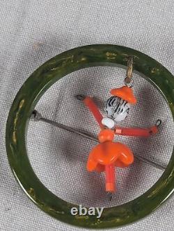 Vtg Bakelite Dancer Ballerina Articulated Doll Brooch Round Spinach Green Ring