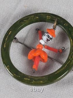 Vtg Bakelite Dancer Ballerina Articulated Doll Brooch Round Spinach Green Ring