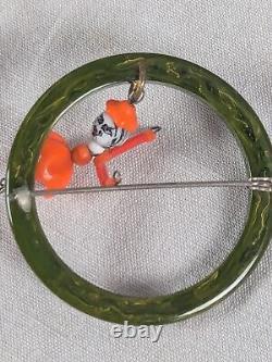 Vtg Bakelite Dancer Ballerina Articulated Doll Brooch Round Spinach Green Ring