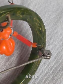 Vtg Bakelite Dancer Ballerina Articulated Doll Brooch Round Spinach Green Ring