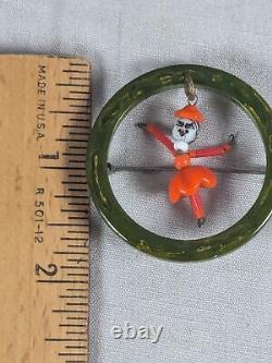 Vtg Bakelite Dancer Ballerina Articulated Doll Brooch Round Spinach Green Ring