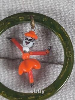 Vtg Bakelite Dancer Ballerina Articulated Doll Brooch Round Spinach Green Ring