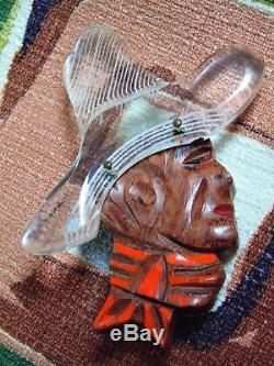 Vtg Bakelite Era Spanish Cowboy Carved Painted Wood Lucite Figural Pin Elzac