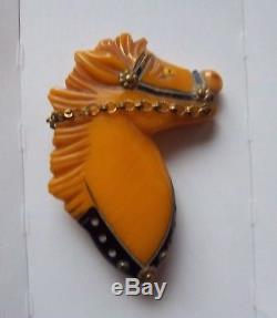 Vtg Bakelite Horse Head Carved Brooch Pin Butterscotch Chain Reins Equestrian