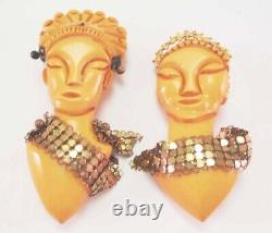 Vtg Bakelite Oriental Asian Royalty King Queen Figural 2 Pins Brooch Paint Mesh