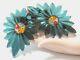 Vtg Bakelite Pin & Dress Clip Set Teal Blue Reverse Painted Floral Glass Centers