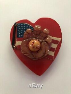 Vtg Bakelite Red Heart Baseball Glove Ball American Flag Brooch Pin 3D WOW