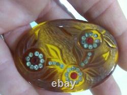 Vtg Carved Amber Floral set stone Pin BROOCH Authentic 3