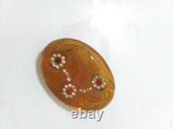 Vtg Carved Amber Floral set stone Pin BROOCH Authentic 3