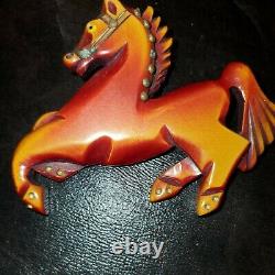 Vtg Carved Bakelite Equestrian Horse Brass Rivets Glass Eye Brooch Pin RARE