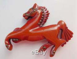 Vtg Carved Bakelite Equestrian Horse Brass Rivets Glass Eye Brooch Pin RARE