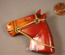 Vtg Carved Bakelite Horse Head with Metal Bridle and Glass Eye Brooch Pin