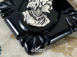 Vtg Carved Black Bakelite Cameo Fashion Brooch Pin jewelry