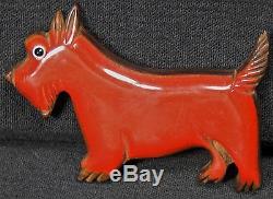 Vtg Carved Cherry Bakelite Catalin Laminated Wood Scottie Terrier Dog Pin Brooch