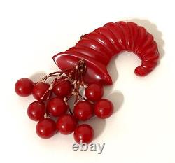 Vtg Carved Cherry Red BAKELITE Horn of Plenty Dangling Cherries Brooch Pin 4