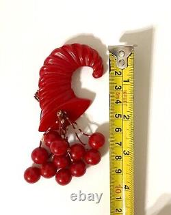 Vtg Carved Cherry Red BAKELITE Horn of Plenty Dangling Cherries Brooch Pin 4