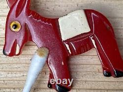 Vtg Cherry Red Bakelite Glass Googly Eye Donkey Pin