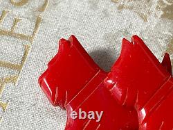 Vtg Cherry Red Carved Double Scotty Dog Bakelite Brooch Pin jewelry