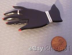 Vtg French BLACK CARVED PAINTED PLASTIC HAND PIN figural lady's red fingernails