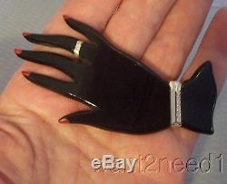 Vtg French BLACK CARVED PAINTED PLASTIC HAND PIN figural lady's red fingernails