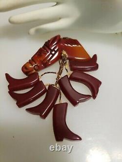 Vtg Hand Carved Bakelite Horse Head Pin Brooch with7 dangle cluster English boots