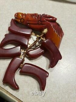Vtg Hand Carved Bakelite Horse Head Pin Brooch with7 dangle cluster English boots