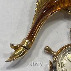 Vtg. Lapel Carved Scales Sailfish Fish Amber Bakelite Figural Belmar Watch Pin