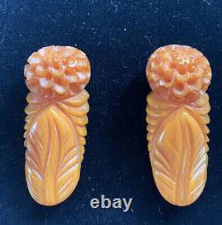 Vtg Lg OOAK BAKELITE CLIPS PINS Bracelet CARVED Butterscotch Honeycomb FLOWERS