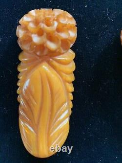 Vtg Lg OOAK BAKELITE CLIPS PINS Bracelet CARVED Butterscotch Honeycomb FLOWERS