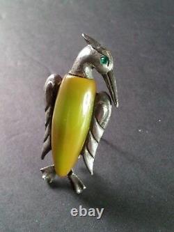 Vtg Pin Brooch Art Deco Bakelite Figural Bird Early Plastic Silver Metal Green
