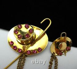 Vtg Pink Rhinestone Chatelaine Double Brooch Pin Top Hat & Cane Book Piece