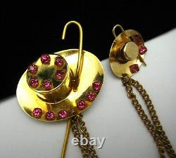 Vtg Pink Rhinestone Chatelaine Double Brooch Pin Top Hat & Cane Book Piece