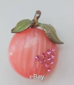 Vtg Pink Rhinestone Enamel Lucite Celluloid Juicy Jammy Apple Pin Brooch Rare