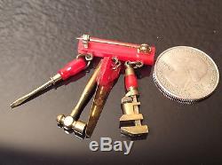 Vtg RED BAKELITE Brooch Pin WORKING TOOLS DANGLES hammer SAW wrench SCREWDRIVER