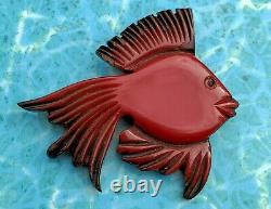 Vtg Rare 40s Cherry Red Bakelite Over Wood Fish Novelty Pin Brooch