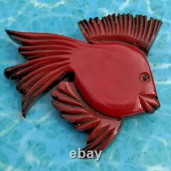 Vtg Rare 40s Cherry Red Bakelite Over Wood Fish Novelty Pin Brooch