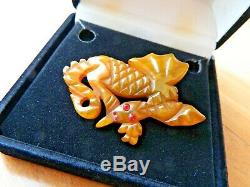 Vtg Rare Marbled Amber Bakelite Carved Winged Dragon Brooch Pinred Eyestested